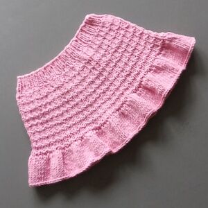 Hand Crafted Handknit Pink Cotton Textured Stripe Ruffle Baby Skirt 6M